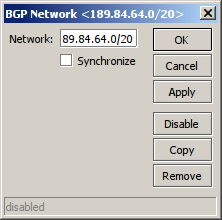 Exemplo cisco/quagga: router bgp 28365 no synchronization network 189.84.64.