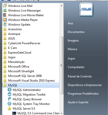 - Depois de concluída a instalação, vamos procurar no menu Iniciar do Windows, Todos os programas, o grupo do MySQL.