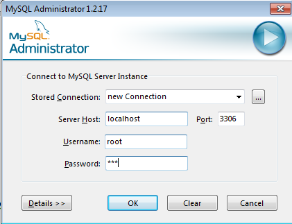 Entrada no MySQL Administrator: Pondo em execução o MySQL Administrator, aparece o seguinte quadro; este quadro