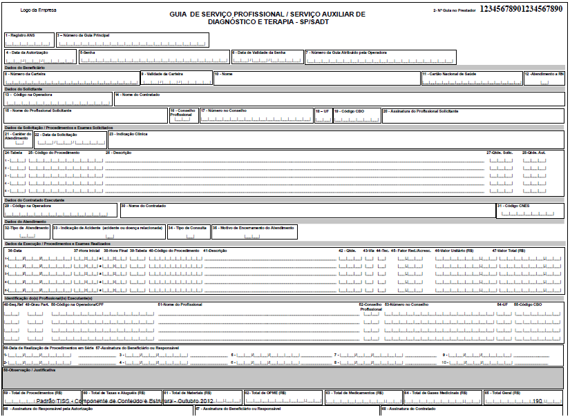 Guia de Serviço Profissional/ Serviço Auxiliar de Diagnóstico e Terapia(SP/SADT) 335479 OPCIONAL: Anotações caso haja necessidade Legenda: Campos de preenchimento Obrigatório, 2, 8,0, 2,