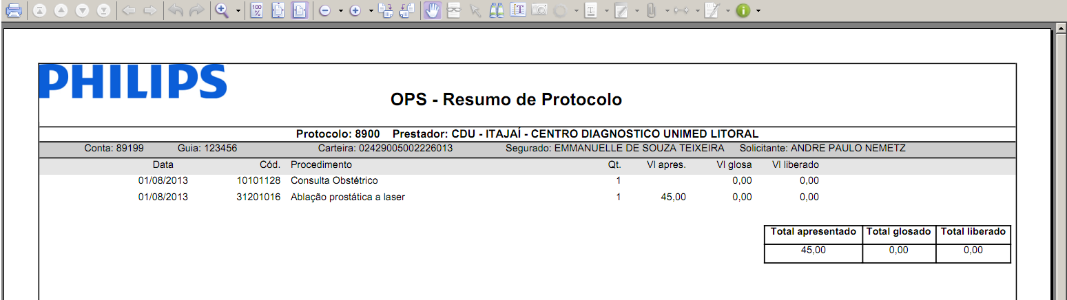 e) O usuário poderá verificar os procedimentos que fazem parte da