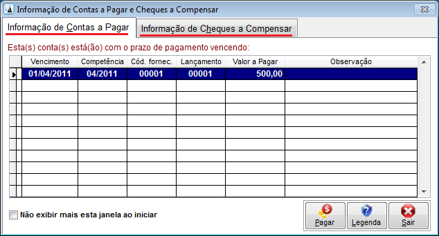 INFORMAÇÃO DE CONTAS A PAGAR Tem a função de apresentar em tela as contas a pagar prestes a vencer (verde) ou vencidas (rosa) do Escritório.