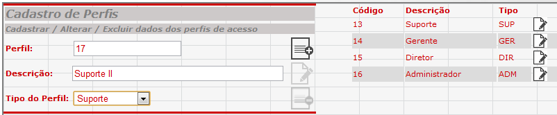 56 O perfil de acesso do usuário é selecionado na tela de manter usuário. Os perfis são cadastrados previamente para que no cadastro do usuário seu perfil de acesso possa ser selecionado.