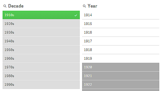 2 O modelo de seleção associativa Todos os outros valores na caixa de filtro Decade são cinza-claros, o que significa que são valores alternativos.