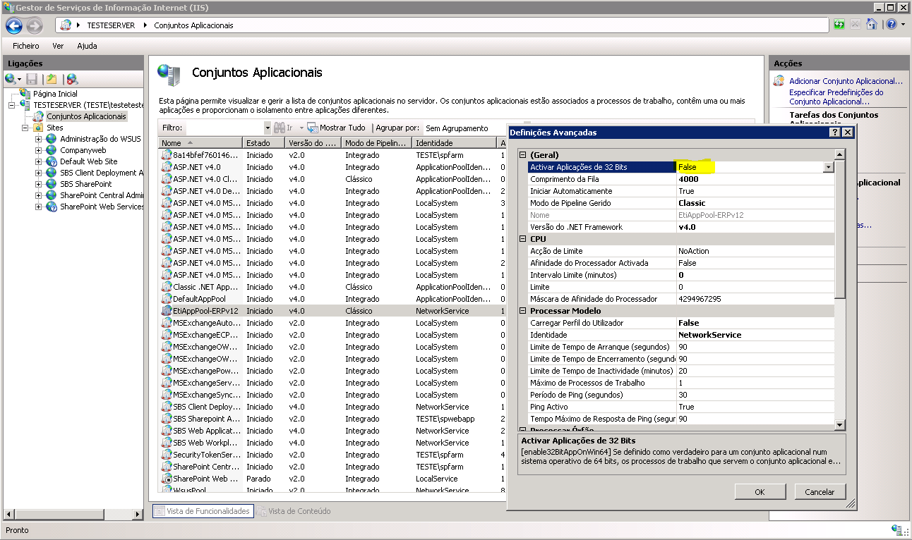 Ao entrar via Web no ERP V12 ocorre o erro de página http error 503 The service is unavailable Ao instalar a V12 no SBS 2011, há uma Dll do exchange que fica acoplada ao nosso site e que é de 64 bits.