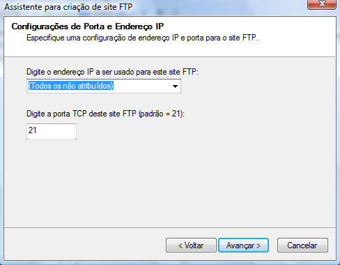 Nessa próxima tela irá apresentar, para configurar a porta do FTP que por padrão é a porta 21 e logo acima digite o endereço de IP a ser usado para este site FTP, no meu caso eu atribuir o endereço