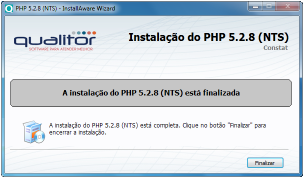Com o assistente de instalação pronto, será possível instalar e acompanhar o progresso da instalação do PHP 5.2.8 (NTS).