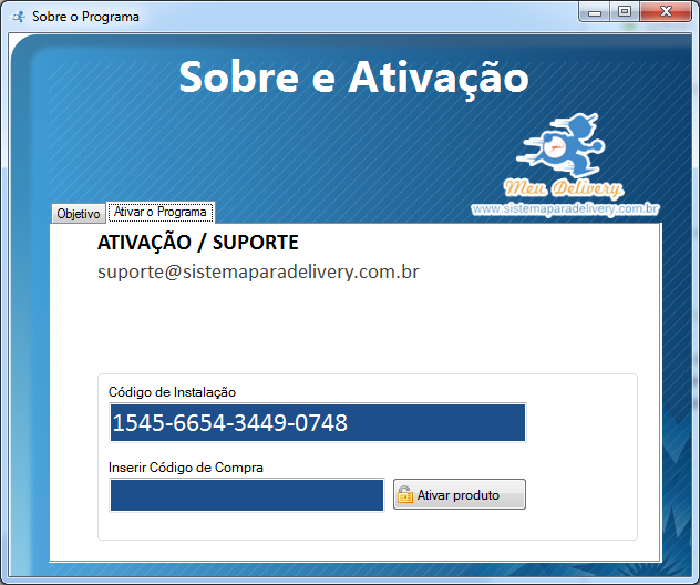 Ativação do Produto O Meu Delivery é um software proprietário e sua aquisição pode ser feita no site: www.sistemaparadelivery.com.br.