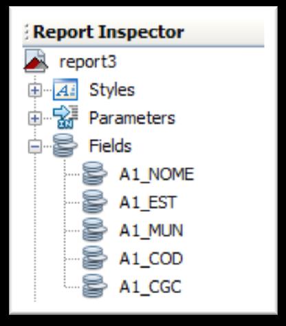 Como poderá ver na figura a seguir, informe a query que deseja ser utilizada, pois os campos que forem definidos nesta tela, serão os campos que aparecerão no nó Field localizado no Report Inspector.