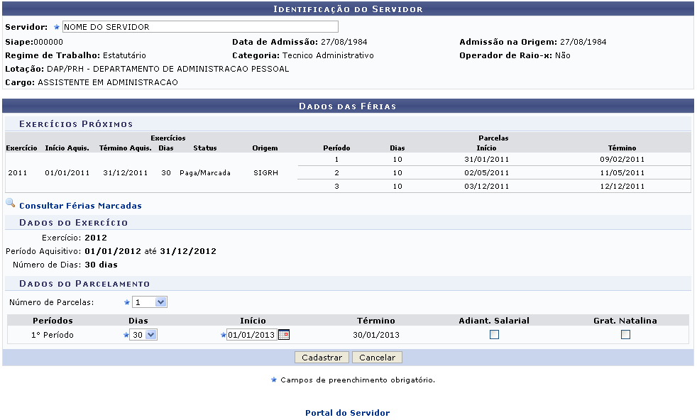 1.2 Inserir Férias Esta funcionalidade possibilita a realização do cadastro de férias do servidor, permitindo que o mesmo defina o período de férias que irá usufruir.