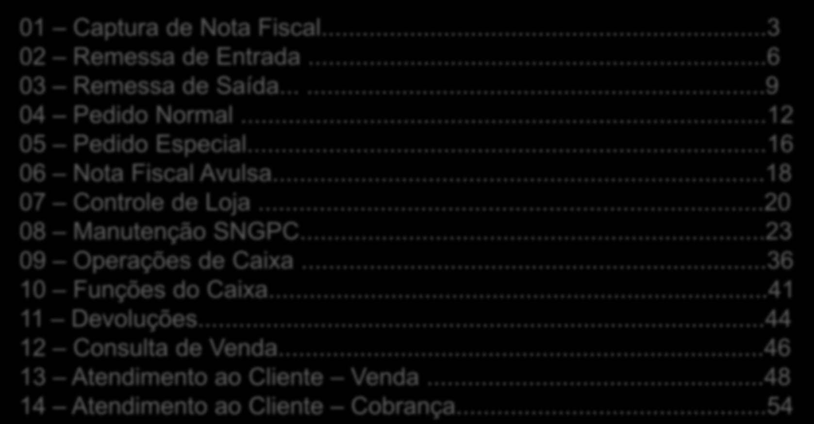 Sumário 01 Captura de Nota Fiscal...3 02 Remessa de Entrada...6 03 Remessa de Saída......9 04 Pedido Normal...12 05 Pedido Especial...16 06 Nota Fiscal Avulsa...18 07 Controle de Loja.