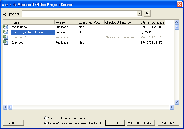 107 Empresarial 2 2 Na janela Abrir do Microsoft Office Project Server, escolha qual o projeto você deseja abrir e se vai abri-lo somente para leitura ou para leitura/gravação e pressione o botão