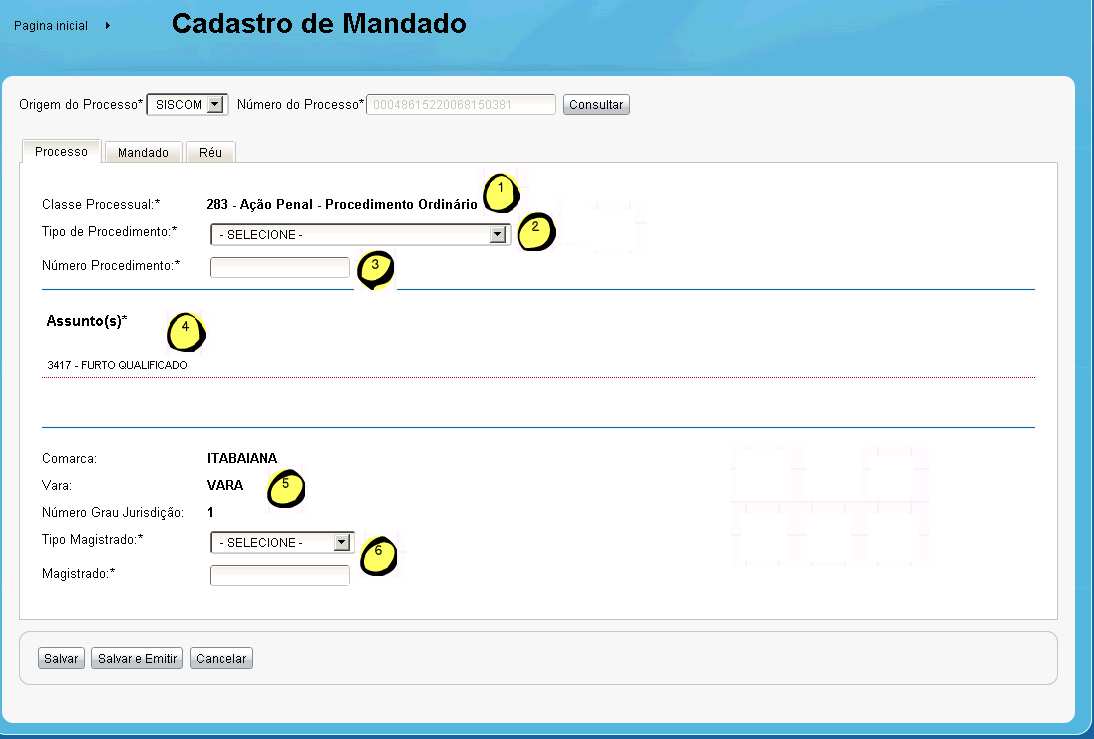 2.3 Preencher a Aba processo de acordo com as regras abaixo: 1 Classe Processual será retornada da base de dados do SISCOM (STI), lembrando que só poderá ser cadastrado um mandado com uma classe