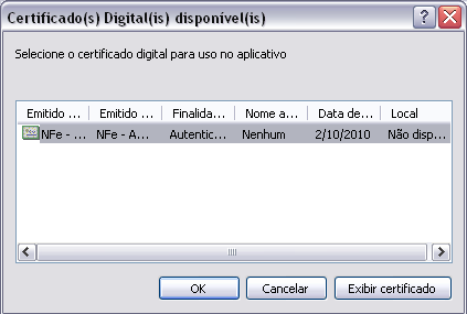 Deve ser selecionado o certificado digital do CNPJ da empresa que será utilizado na