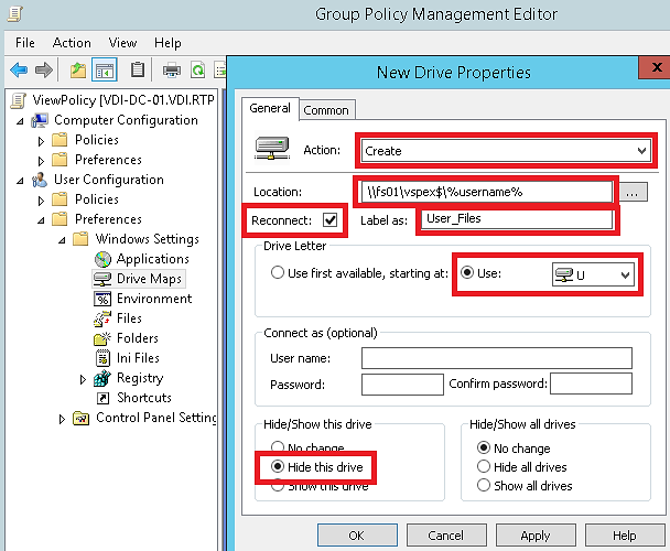 Figura 15. Criação de um mapeamento de drive de rede Windows para arquivos de usuários 5.