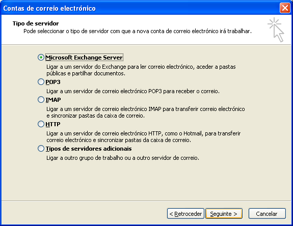 Escolha Adicionar uma nova conta de correio electrónico [Add a new e-mail account] e clique em Seguinte [Next].