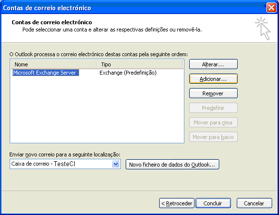 Seleccione Ver ou alterar contas de correio electronico existentes [View or change existing e-mail accounts] e clique em