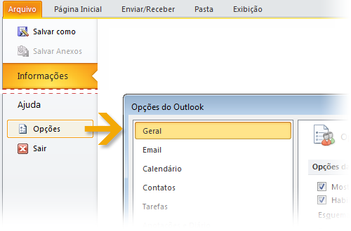 Onde está o recurso Visualização de Impressão? No Outlook 2010, procure o recurso Visualização de Impressão no modo de exibição Backstage. Clique na guia Arquivo e depois em Imprimir.