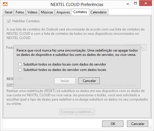 3.6.2 Redefinir: Ao redefinir, o Nextel Cloud irá substituir os dados do seu computador pelos dados armazenados na nuvem, ou, irá substituir os dados amazenados na nuvem pelos dados do seu computador.