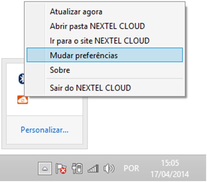 3 Configurações Na Barra de tarefas, próximo ao relógio clique em Mostrar ícones ocultos em seguida clique no ícone Nextel Cloud: Atualizar agora: Atualiza o Nextel Cloud para a ultima versão