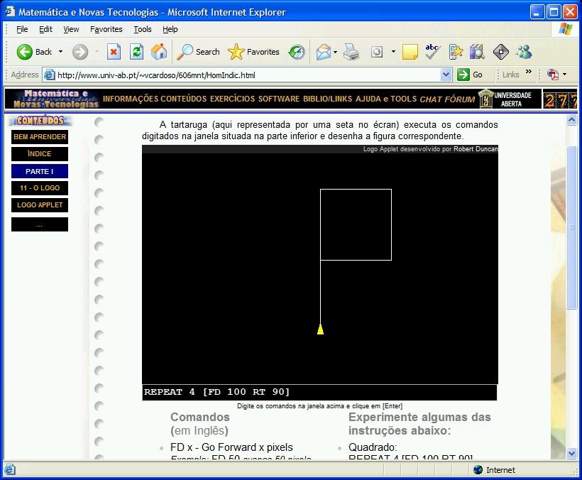 Um vídeo de ecrã para ensinar os estudantes a programar em Logo com o programa Microsoft Windows Logo. Um laboratório online interactivo 55 para aprendizagem da programação em Logo (Figura 4-6).