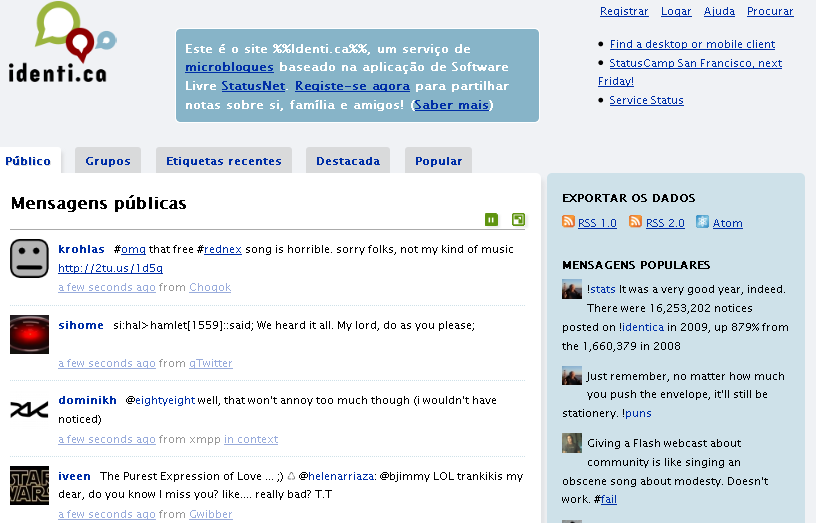 42 3.1.6 Ambiente do Microblog Identi.ca Figura 07: Tela de Abertura do Microblog Identi.ca (Fonte: http://identi.
