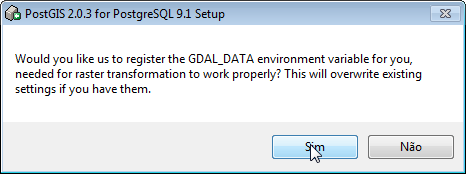 10 Aguarde o término da instalação do PostGIS 2.0: 11 O Assistente deve propor instalação da biblioteca geoespacial GDAL. Pressione o botão SIM: 12 Fim da instalação.
