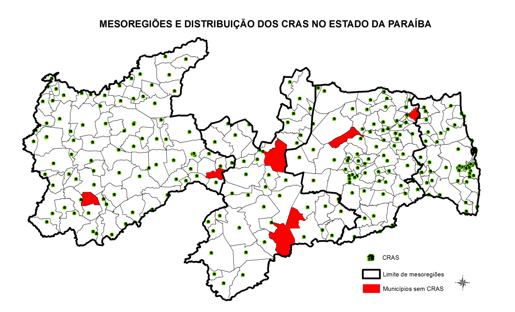 FIGURA 7: Distribuição dos CRAS no Estado da Paraíba Resultado 3: Através dos resultados obtidos e incorporando o conceito de porte do município preconizado no NOBSUAS pode-se fazer uma melhor