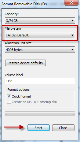 Nota: formatar a unidade USB elimina todos os ficheiros actualmente armazenados na mesma.