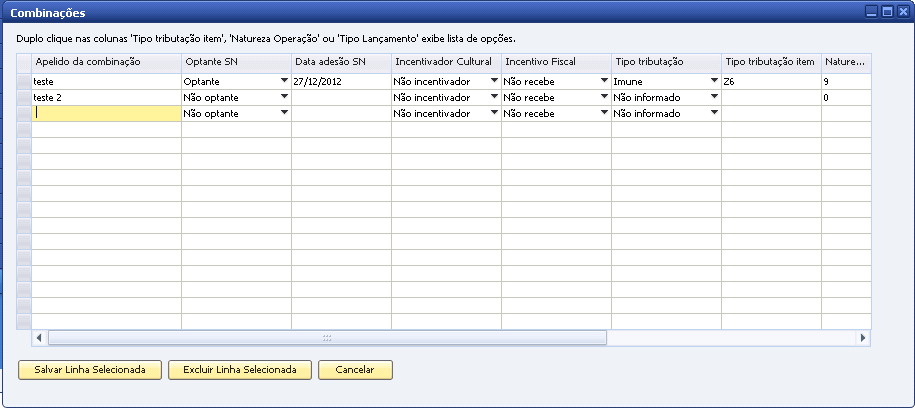 3.1.3. Combinações Através dos menus, NFS-e AGL => Configurações => Combinações definimos as combinações de informações necessárias para a emissão da NFSe exigidas pela prefeitura. FIGURA 3.