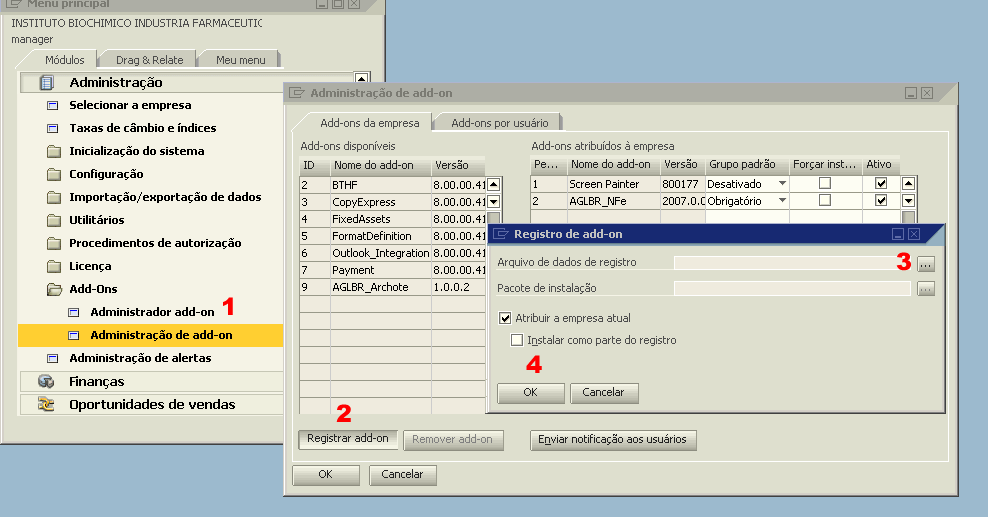 2. Instalação A Instalação do add-on é feita na maquina cliente e no servidor. Para instalação no servidor, ver o manual do NFSe G2KA. 2.1. Instalação no SAP de Add-on.
