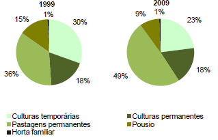 Gráfico 3: Variação da ocupação da SAU (continente) 1999-2009 Fonte: in RA 2009 INE Em consequência, as pastagens permanentes representam actualmente 47% da SAU do continente, quando correspondiam a