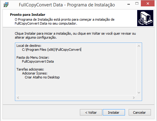 9. Após informar as etapas anteriores o assistente estará pronto para iniciar a atualização do FullCopyConvert.