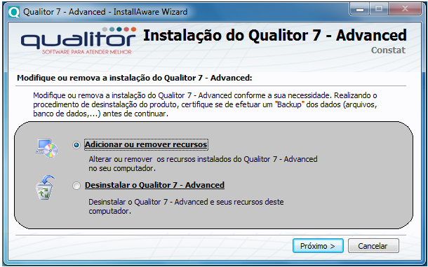 2 Adicionar e Remover componentes do Qualitor Advanced Acessando o assistente de instalação do Qualitor Advanced é possível desinstalar o Qualitor, adicionar ou remover recursos.