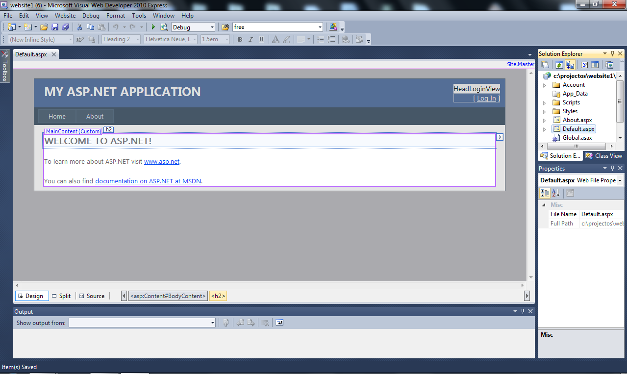 Ao criar um novo projecto iremos criar um ASP.NET Web Site, dandolhe um nome por exemplo site1.
