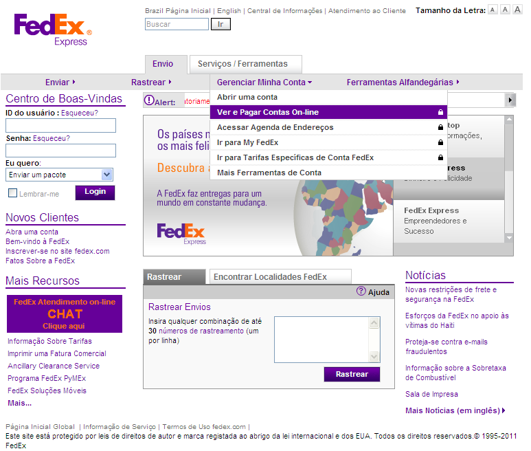 Como acessar e registrar-se no FedEx Billing Online. Acesse a aba Gerenciar minha conta em fedex.com. Selecione Ver/Pagar Contas On-line 3. Se você já tem o nome de usuário e senha fedex.