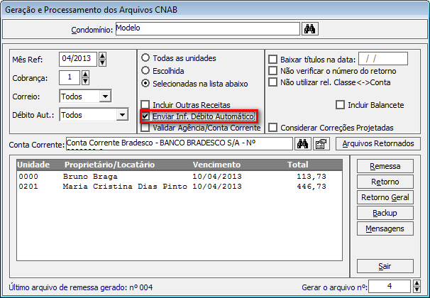 3. Selecione as contas no grid, clique em Remessa e o arquivo