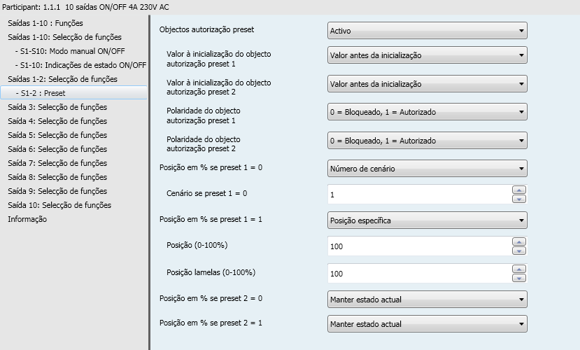 3.9.4 Preset A função Preset permite colocar um conjunto de saídas num estado predefinido parametrizável. O Preset fica ativado através do objeto(s) de formato 1 bit.