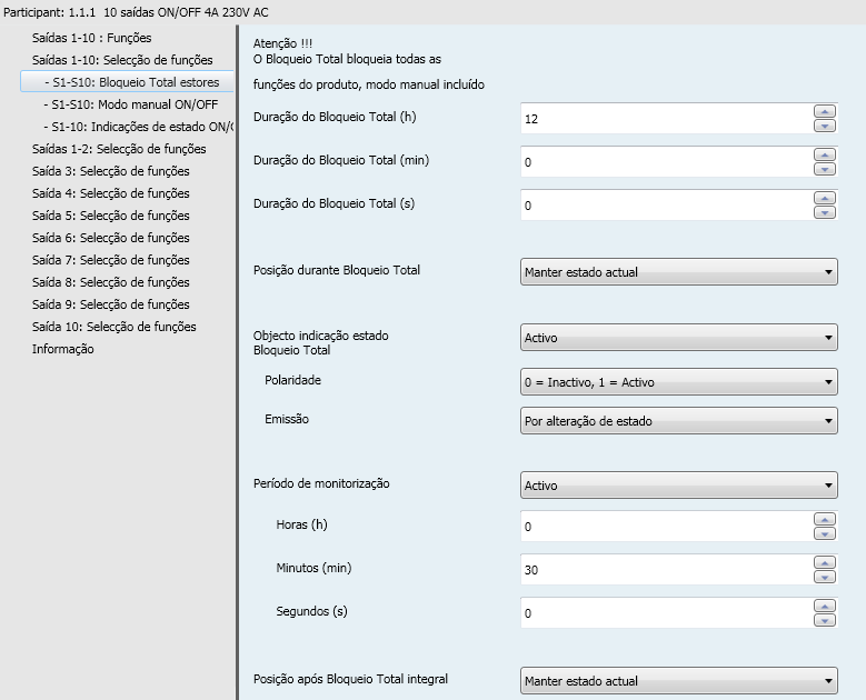 3.3 Bloqueio Total Esta função permite bloquear as saídas do aparelho num estado parametrizável. Todos os outros modos, incluindo o modo manual, não são levados em conta.