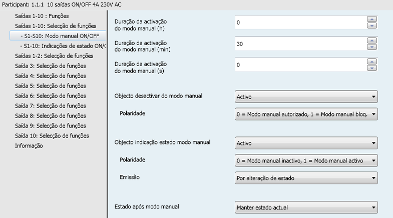 3.4 Modo manual O modo manual permite isolar o aparelho do bus KNX. Os botões pressores de comandos locais permitem testar a cablagem entre a carga e a saída.