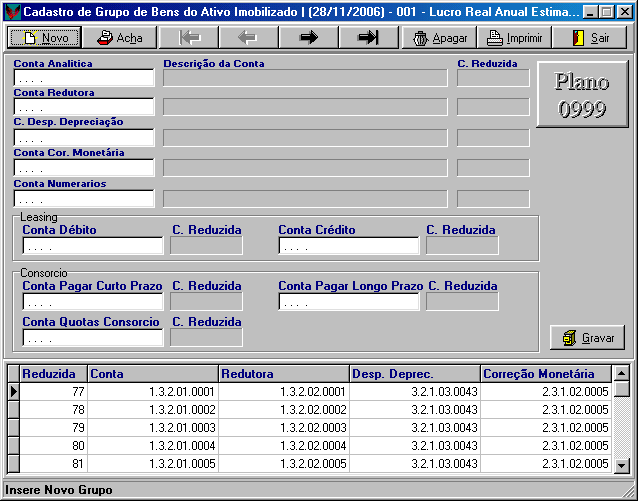 Nessa tela definiremos as contas necessárias para contabilização da depreciação do Ativo Imobilizado. Clicando em novo, devemos preencher os campos: Conta analítica: A Conta do Grupo do bem. Ex.