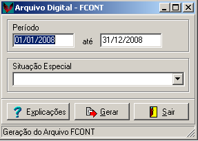 FCONT: Nessa tela o sistema gera o arquivo texto para o validador SPED FCONT, conforme a IN 949/09 da RFB. As orientações sobre a rotina podem ser observadas clicando no botão Explicações dessa tela.