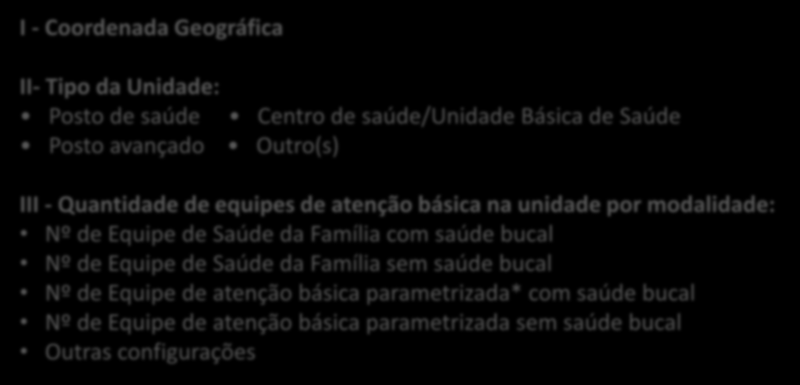 DADOS DO CENSO DAS UBS I - Coordenada Geográfica II- Tipo da Unidade: Posto de saúde Posto avançado Centro de saúde/unidade Básica de Saúde Outro(s) III - Quantidade de equipes de atenção básica na