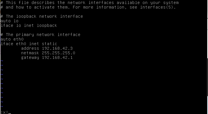 Configurando o device de rede Arquivo Pronto Agora salve e saia. Servidor DNS Matriz: Eth0: 192.168.42.3 (interface - DMZ) DNS: 192.168.42.3 (DNS primário DMZ) DNS: 192.