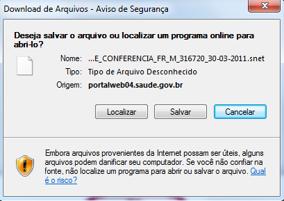 IMPORTANTE O Arquivo de conferência deverá ser utilizado a partir da versão 4.0/Patch 4.1. c) Clicar em OK; d) Salvar o arquivo de conferência para recebimento no Sinan Net.