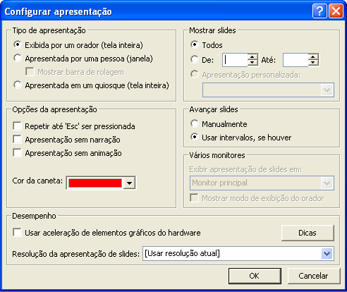 Avançar Slide escolhe como os slides vão avançar durante a exibição da apresentação o manualmente ao clicar com o mouse você terá que ficar clicando com o mouse para que a apresentação passe de um