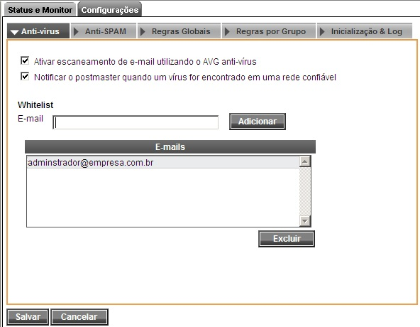 Whitelist: Nesta caixa de diálogo é possível adicionar, modificar e remover endereços de e-mail que não serão verificados pelo antivírus.