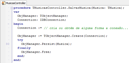 100 Figura 36 Implementação do método para salvar música no controlador O framework não possui um gerenciamento completo de conexões, mas permite que a aplicação as gerencie como desejar, bastando