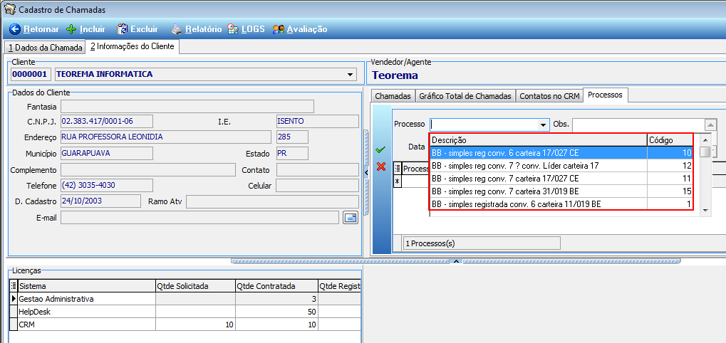 Figura 2 Aba "Processos" das Informações do Cliente. Utilizar o botão para ativar a seleção.
