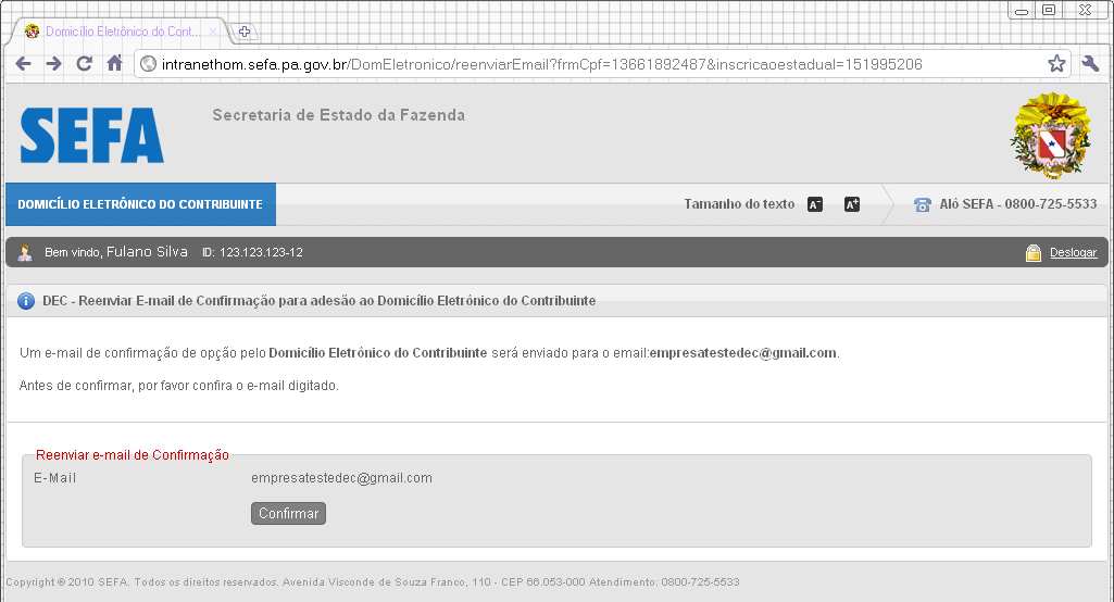 4.4 Checando email de confirmação. O sistema envia uma mensagem com o código de segurança, que deverá ser informado para confirmação da solicitação de adesão ao DEC.